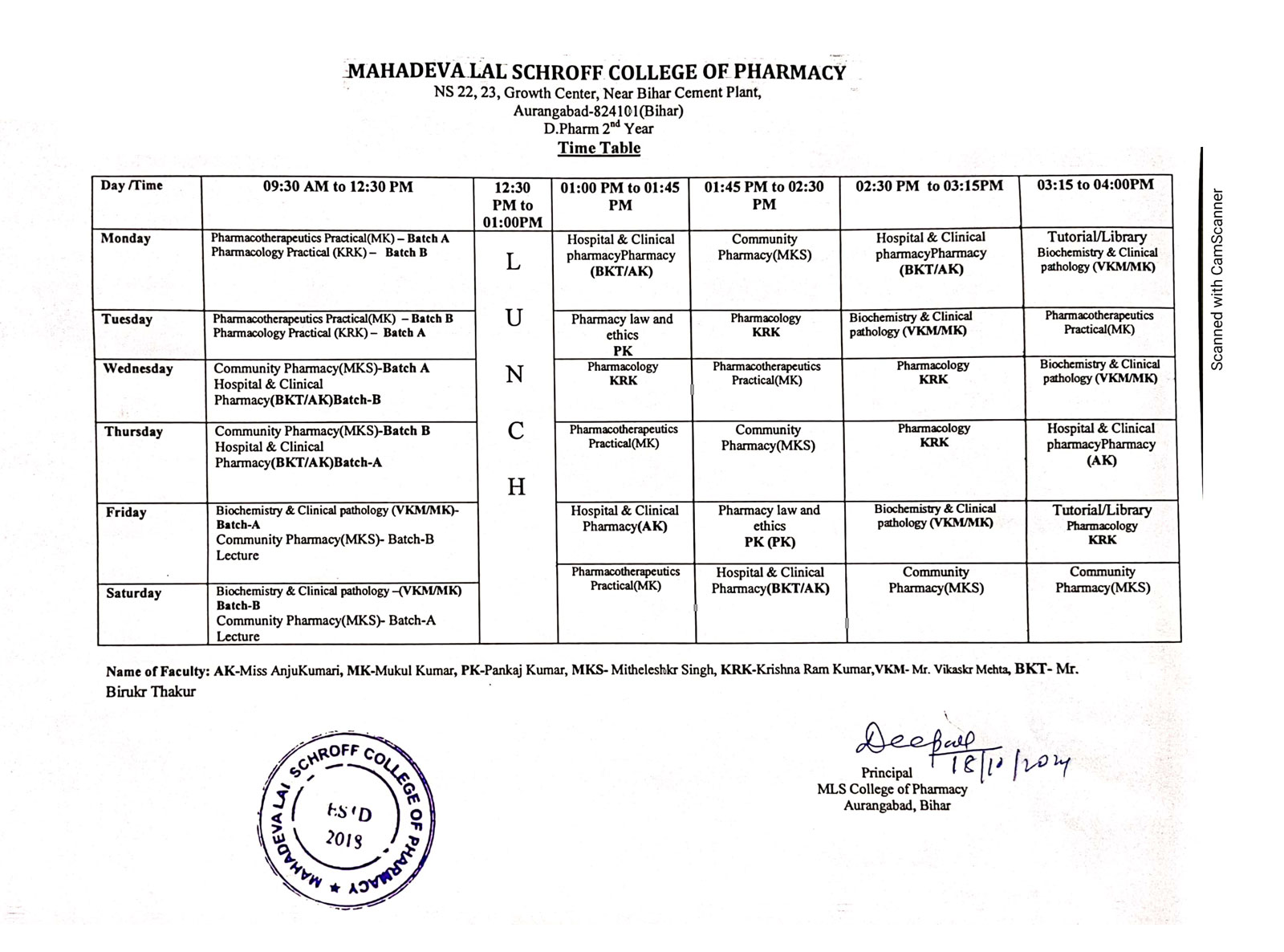 D.Pharm Time Table 1st year