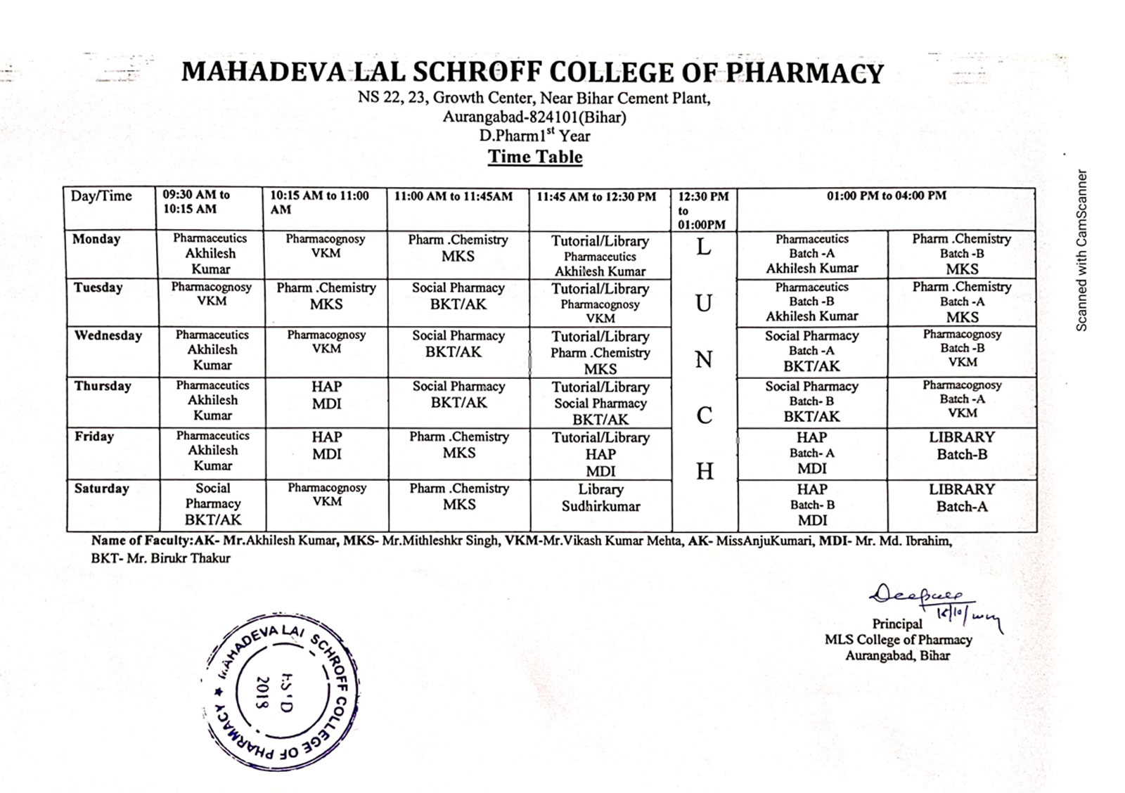 D.Pharm Time Table 2nd year
